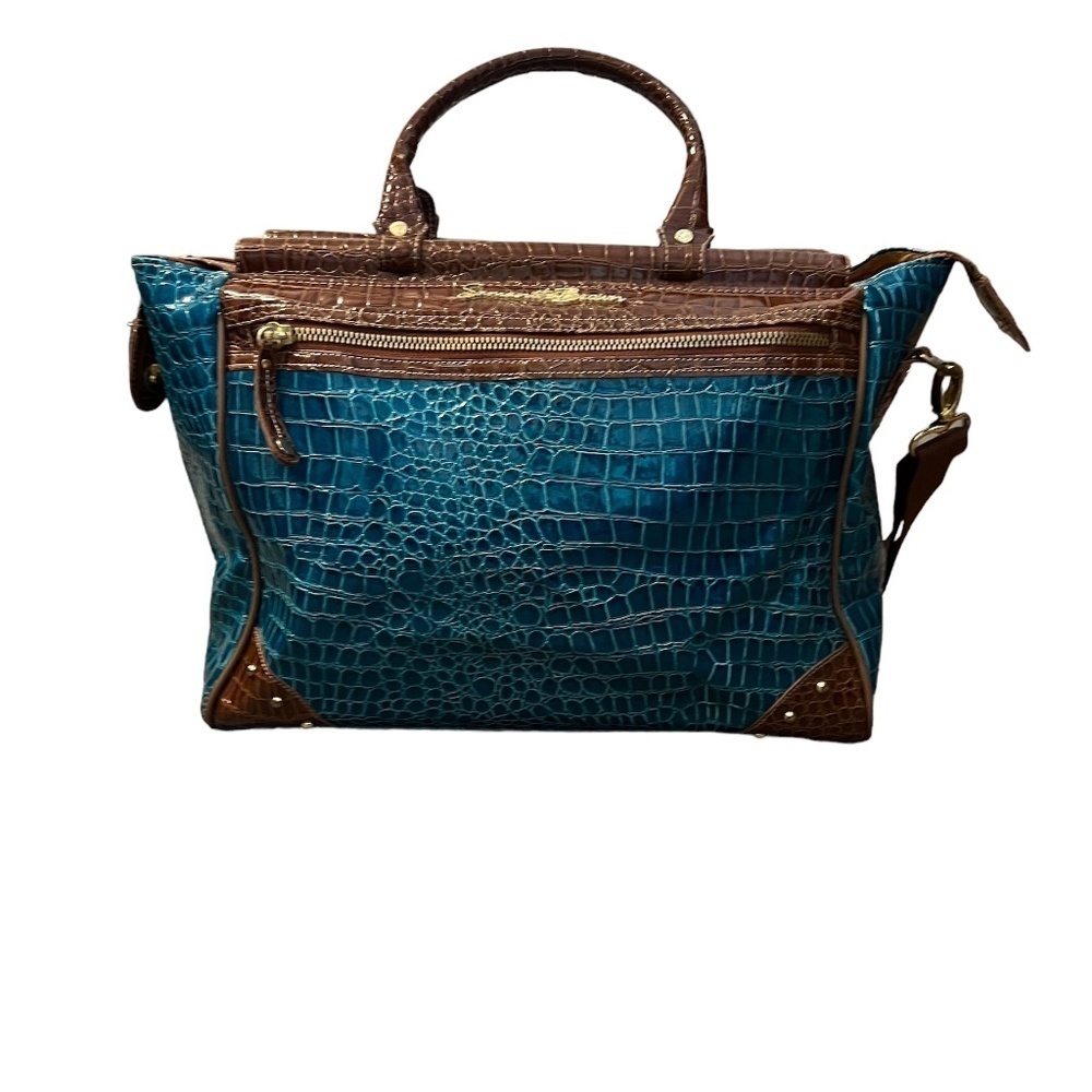 Samantha Brown Dowel Bag Crocs Embossed Tote‎ Turquoise Trolly Sleeve 16" x 13"